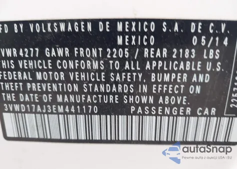 2014 Volkswagen Jetta 1.8T Se z USA, uszkodzony, nr VIN 3VWD17AJ3EM441170